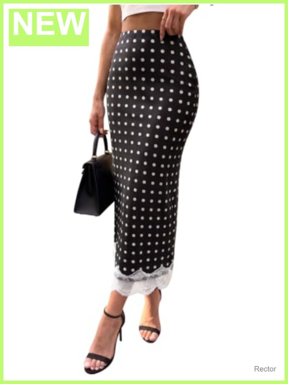 Polka Dot Satin Maxi Skirt with Lace Hem Elastic High Waisted A-Line